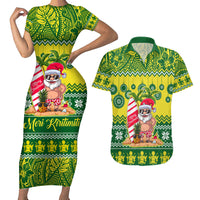 Personalised Cook Islands Christmas Couples Matching Short Sleeve Bodycon Dress and Hawaiian Shirt Santa Beach Meri Kiritimiti LT9 - Wonder Print Shop