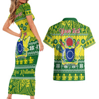 Personalised Cook Islands Christmas Couples Matching Short Sleeve Bodycon Dress and Hawaiian Shirt Santa Beach Meri Kiritimiti LT9 - Wonder Print Shop