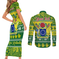 Personalised Cook Islands Christmas Couples Matching Short Sleeve Bodycon Dress and Long Sleeve Button Shirt Santa Beach Meri Kiritimiti LT9 - Wonder Print Shop