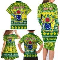 Personalised Cook Islands Christmas Family Matching Long Sleeve Bodycon Dress and Hawaiian Shirt Santa Beach Meri Kiritimiti LT9 - Wonder Print Shop