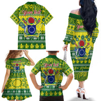 Personalised Cook Islands Christmas Family Matching Off Shoulder Long Sleeve Dress and Hawaiian Shirt Santa Beach Meri Kiritimiti - Wonder Print Shop