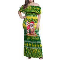 Personalised Cook Islands Christmas Family Matching Off Shoulder Maxi Dress and Hawaiian Shirt Santa Beach Meri Kiritimiti LT9 - Wonder Print Shop