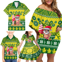 Personalised Cook Islands Christmas Family Matching Off Shoulder Short Dress and Hawaiian Shirt Santa Beach Meri Kiritimiti LT9 - Wonder Print Shop