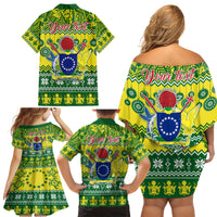 Personalised Cook Islands Christmas Family Matching Off Shoulder Short Dress and Hawaiian Shirt Santa Beach Meri Kiritimiti LT9 - Wonder Print Shop