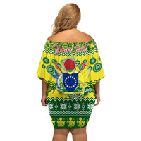 Personalised Cook Islands Christmas Family Matching Off Shoulder Short Dress and Hawaiian Shirt Santa Beach Meri Kiritimiti LT9 - Wonder Print Shop