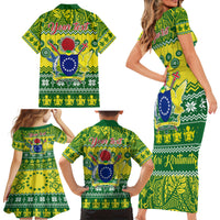 Personalised Cook Islands Christmas Family Matching Short Sleeve Bodycon Dress and Hawaiian Shirt Santa Beach Meri Kiritimiti - Wonder Print Shop
