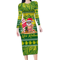 Personalised Cook Islands Christmas Long Sleeve Bodycon Dress Santa Beach Meri Kiritimiti - Wonder Print Shop