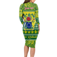 Personalised Cook Islands Christmas Long Sleeve Bodycon Dress Santa Beach Meri Kiritimiti - Wonder Print Shop