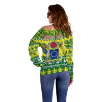 Personalised Cook Islands Christmas Off Shoulder Sweater Santa Beach Meri Kiritimiti - Wonder Print Shop