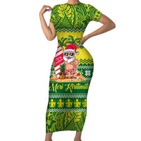 Personalised Cook Islands Christmas Short Sleeve Bodycon Dress Santa Beach Meri Kiritimiti - Wonder Print Shop