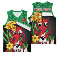 Saint David's Day Personalized Basketball Jersey Green Welsh Dragon Daffodil Sheep Leak - Wonder Print Shop