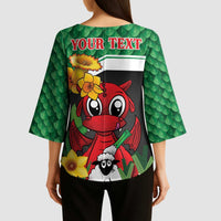 Saint David's Day Personalized Kimono Sleeve Blouse Green Welsh Dragon Daffodil Sheep Leak - Wonder Print Shop