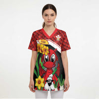 Saint David's Day Personalized Scrub Top Red Welsh Dragon Daffodil Sheep Leak - Wonder Print Shop