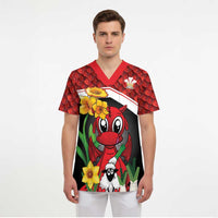 Saint David's Day Personalized Scrub Top Red Welsh Dragon Daffodil Sheep Leak - Wonder Print Shop