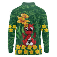Saint David's Day Long Sleeve Polo Shirt Welsh Dragons Yellow Daffodils - Wonder Print Shop