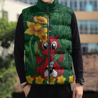 Saint David's Day Sleeveless Puffer Jacket Welsh Dragons Yellow Daffodils - Wonder Print Shop