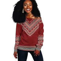 Tunisian Embroidery Pattern Off Shoulder Sweater - Wonder Print Shop