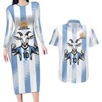 Blue Argentina 10 Goat Couples Matching Long Sleeve Bodycon Dress and Hawaiian Shirt History Champions World Cup