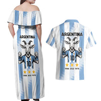 Blue Argentina 10 Goat Couples Matching Off Shoulder Maxi Dress and Hawaiian Shirt History Champions World Cup