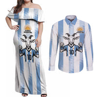 Blue Argentina 10 Goat Couples Matching Off Shoulder Maxi Dress and Long Sleeve Button Shirt History Champions World Cup