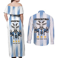 Blue Argentina 10 Goat Couples Matching Off Shoulder Maxi Dress and Long Sleeve Button Shirt History Champions World Cup