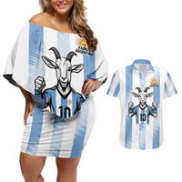 Blue Argentina 10 Goat Couples Matching Off Shoulder Short Dress and Hawaiian Shirt History Champions World Cup