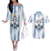 Blue Argentina 10 Goat Couples Matching Off The Shoulder Long Sleeve Dress and Hawaiian Shirt History Champions World Cup
