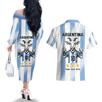 Blue Argentina 10 Goat Couples Matching Off The Shoulder Long Sleeve Dress and Hawaiian Shirt History Champions World Cup