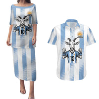 Blue Argentina 10 Goat Couples Matching Puletasi and Hawaiian Shirt History Champions World Cup