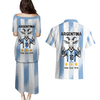 Blue Argentina 10 Goat Couples Matching Puletasi and Hawaiian Shirt History Champions World Cup