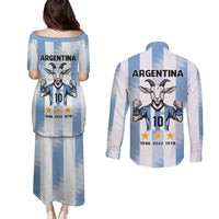 Blue Argentina 10 Goat Couples Matching Puletasi and Long Sleeve Button Shirt History Champions World Cup