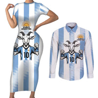Blue Argentina 10 Goat Couples Matching Short Sleeve Bodycon Dress and Long Sleeve Button Shirt History Champions World Cup