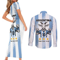 Blue Argentina 10 Goat Couples Matching Short Sleeve Bodycon Dress and Long Sleeve Button Shirt History Champions World Cup