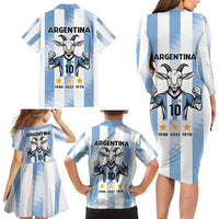 Blue Argentina 10 Goat Family Matching Long Sleeve Bodycon Dress and Hawaiian Shirt History Champions World Cup