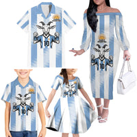 Blue Argentina 10 Goat Family Matching Off The Shoulder Long Sleeve Dress and Hawaiian Shirt History Champions World Cup