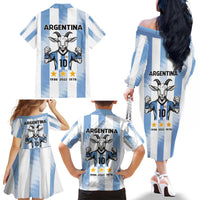 Blue Argentina 10 Goat Family Matching Off The Shoulder Long Sleeve Dress and Hawaiian Shirt History Champions World Cup