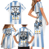 Blue Argentina 10 Goat Family Matching Short Sleeve Bodycon Dress and Hawaiian Shirt History Champions World Cup
