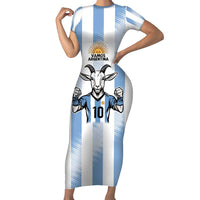 Blue Argentina 10 Goat Family Matching Short Sleeve Bodycon Dress and Hawaiian Shirt History Champions World Cup