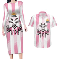 Pink Argentina 10 Goat Couples Matching Long Sleeve Bodycon Dress and Hawaiian Shirt History Champions World Cup