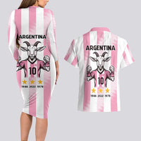 Pink Argentina 10 Goat Couples Matching Long Sleeve Bodycon Dress and Hawaiian Shirt History Champions World Cup