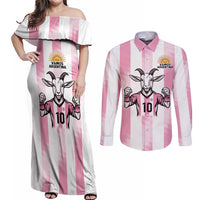 Pink Argentina 10 Goat Couples Matching Off Shoulder Maxi Dress and Long Sleeve Button Shirt History Champions World Cup