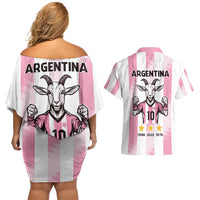 Pink Argentina 10 Goat Couples Matching Off Shoulder Short Dress and Hawaiian Shirt History Champions World Cup