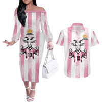 Pink Argentina 10 Goat Couples Matching Off The Shoulder Long Sleeve Dress and Hawaiian Shirt History Champions World Cup