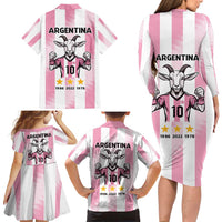 Pink Argentina 10 Goat Family Matching Long Sleeve Bodycon Dress and Hawaiian Shirt History Champions World Cup