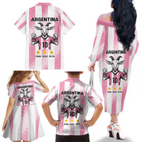 Pink Argentina 10 Goat Family Matching Off The Shoulder Long Sleeve Dress and Hawaiian Shirt History Champions World Cup