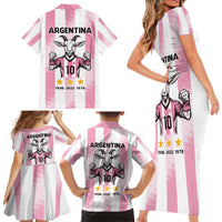 Pink Argentina 10 Goat Family Matching Short Sleeve Bodycon Dress and Hawaiian Shirt History Champions World Cup