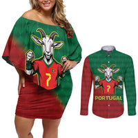 Portugal Seven Goat Flag Colors Couples Matching Off Shoulder Short Dress and Long Sleeve Button Shirt