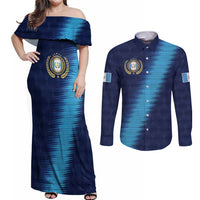 Guatemala Football Custom Couples Matching Off Shoulder Maxi Dress and Long Sleeve Button Shirt Go Los Chapines Blue Pattern