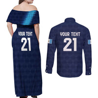 Guatemala Football Custom Couples Matching Off Shoulder Maxi Dress and Long Sleeve Button Shirt Go Los Chapines Blue Pattern