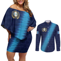 Guatemala Football Custom Couples Matching Off Shoulder Short Dress and Long Sleeve Button Shirt Go Los Chapines Blue Pattern